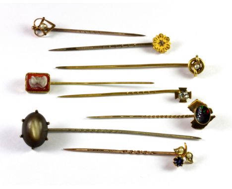 Eight antique 9ct gold diamond and stone set stick pins (approx. 10.5gr overall).