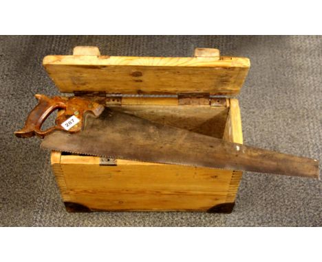 A Henry Disston & Sons, American hand saw (1896 - 1917) together with a pine tool box.