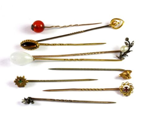 Nine antique 9ct gold diamond and stone set stick pins (approx. 10.9gr overall).