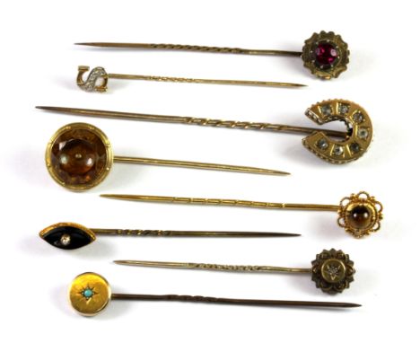 Eight antique 9ct gold diamond and stone set stick pins (approx. 12.7gr overall).