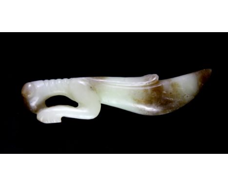 A Chinese celadon and olive green nephrite jade model of a preying mantis, probably 19th century, L. 9.5cm.