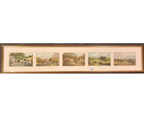 A framed set of five hunting prints on silk, frame 120 x 25cm, sold on behalf of RNLI Southend Station (donated by P. Brett-P