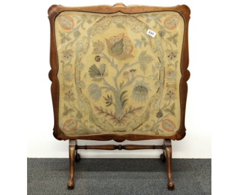 A 1930's Davrard metamorphic walnut fire screen / tea table with tapestry top under glass, H. 79cm.