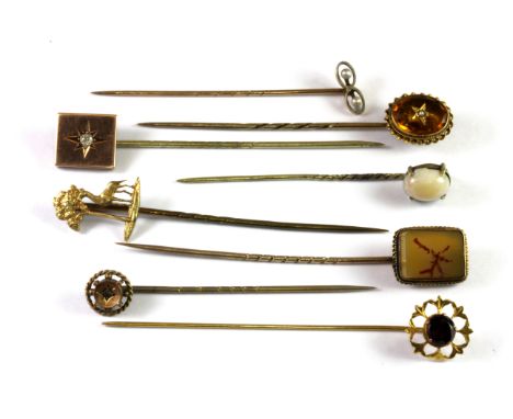 Eight antique 9ct gold diamond and stone set stick pins (approx. 12.1gr overall).