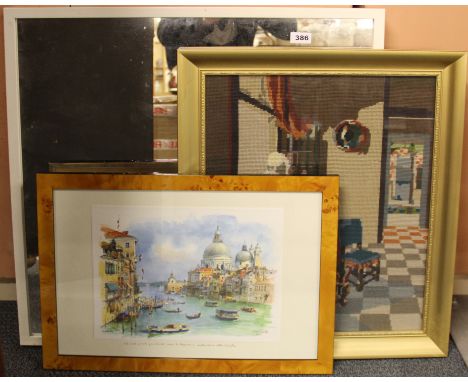 A gilt framed tapestry, a mirror and a print of Venice.