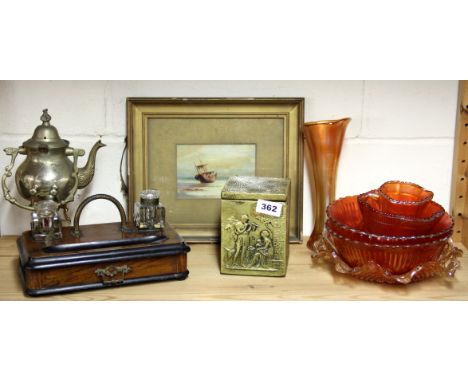 A gilt framed oil painting, a desk stand, tea caddy, etc.