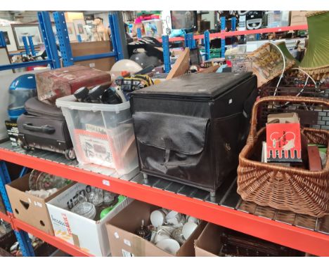 A large box, a case, a fishing box and a basket containing various collectables and sporting equipment to include fishing ree