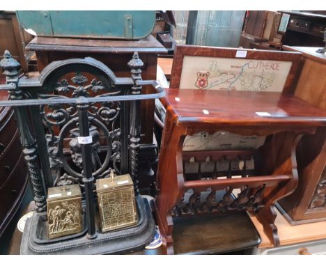 A mixed lot including cast metal stick stand, tapestry firescreen, magazine rack table and two brass tea caddies. 