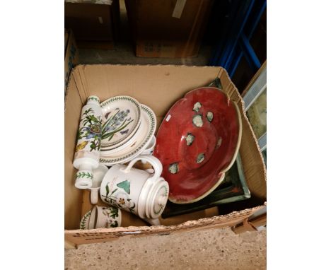 A box of ceramics / pottery to include Portmeirion plates, teapot, rolling pin, cups, a large pottery tray and a "lava" style