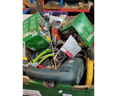 A box of tools, electric drill, Bosch sander, etc. 