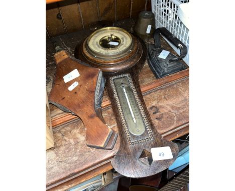 Old bellows, an old barometer with enamel face, small metal iron and a weight. 