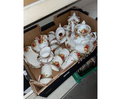 A box of Royal Albert 'Old Country Roses' teawares including teapot, clock, salt &amp; pepper etc. Appx 27 pieces 