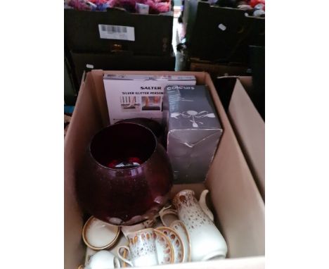 A mixed lot including cranberry glass, Hornsea pottery, Fosters pottery coffee set, Salter scales and a ceiling light fitting