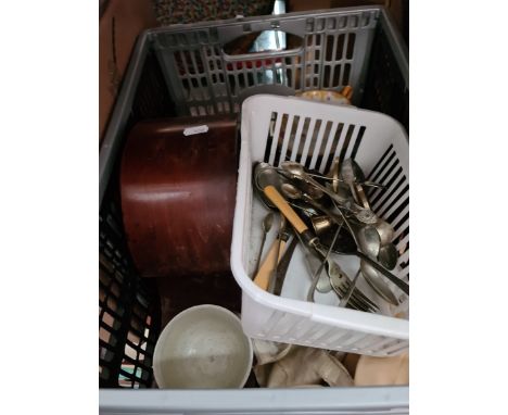 A box of misc items including treen, clock, cutlery, etc. 