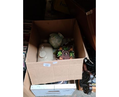 A mixed lot including metalware, glass, paperweights including Caithness glass, Mappin &amp; Web teapot, Cuckoo clock. 