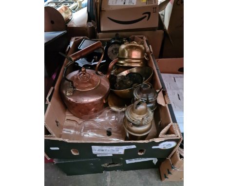 Two boxes of metalware to include brass, copper, kitchen scales, paraffin lamps, etc. 