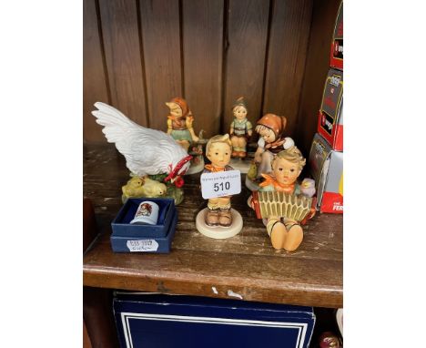 5 Goebel Hummel figures including Let's Sing, and girl with Chicks, produced 1960s to 1972 together with a Goebel hen with ch