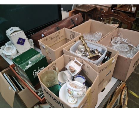 3 boxes of ceramics, ornaments, etc. + 2 boxes of crystal drinking glasses and a collection of EPNS ware, brass, pewter and a