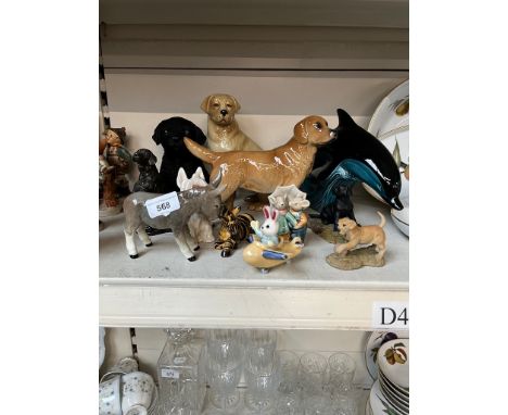 12 dog and other ceramic animal figures including Beswick dog with ladybird on nose, Sylvac donkey, Szeiler zebra etc 