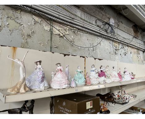 12 Coalport figures, 4 Royal Doulton figures, 2 Royal Worcester figures. Condition- Olivia has some slight losses to the flow