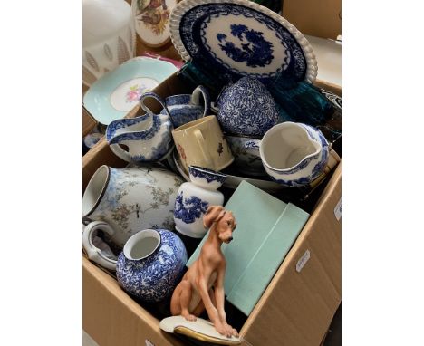 A box of assorted china including a Japanese porcelain tea set, a Mappin &amp; Webb condiment stand, Bernadaud tea light hold