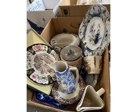 A box of pottery to include boxed Masons Ironstone plate, large Lambs Navy Rum ashtray, blue and white pottery etc 