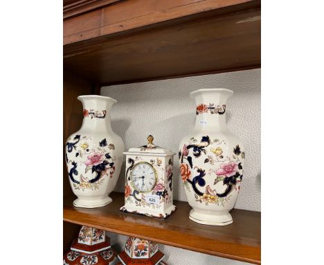 A Mason's Ironstone Mandalay ceramic clock and a pair of vases. 
