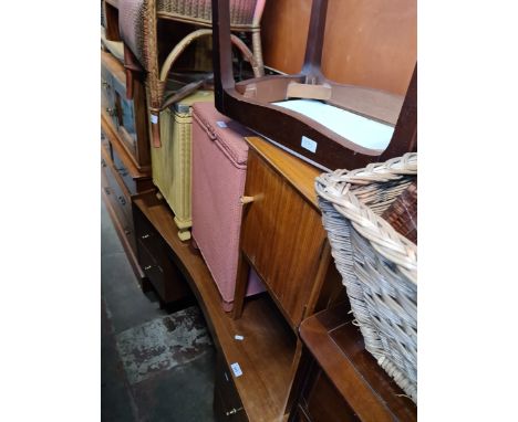 A mid 20th century mahogany dresiing table, a walnut bedside cabinet and a mahogany dressing table stool/ 