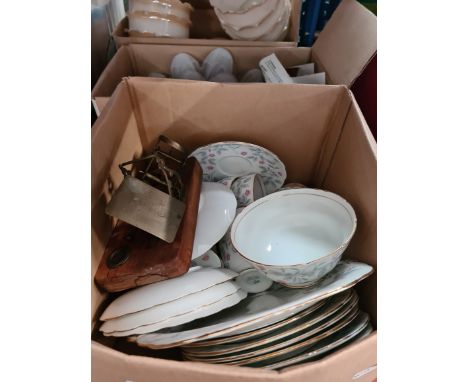 2 boxes of glass light shades and 1 box of pottery and postal weighing scales. 