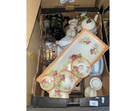 A box of misc ceramics to include Sadler teapot with sugar and milk jug, various vases, a decanter, a dressing table set and 