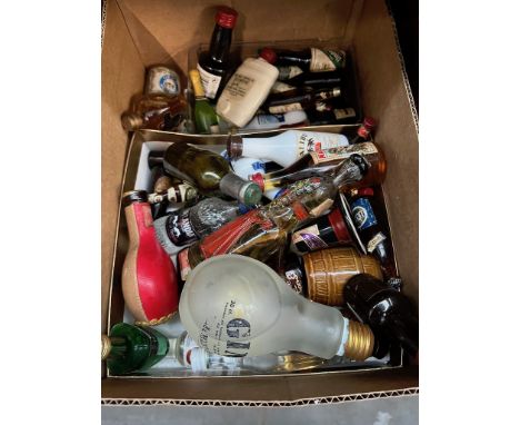 A box of alcoholic miniatures to include lightbulb gin, brandy and vodka etc. 