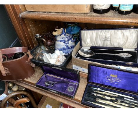 A box of EPNS ware, scientific instruments and a box of pottery and ceramics. 