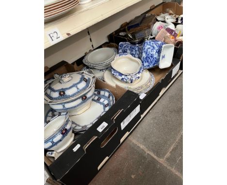 3 boxes of pottery including blue and white Burleigh ware, Losol ware vase, and other ceramics including Melba ware Shylock c