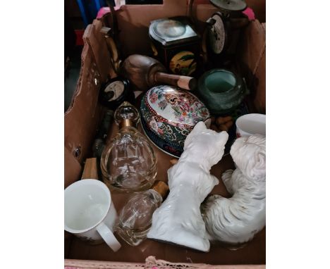 A mixed lot of ceramics and glass including Royal Doulton collectors plates, glass scent bottles,, scottie dogs, a trivet, ol
