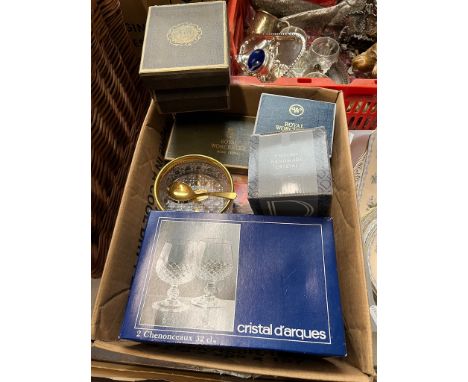 A box of assorted glass, Royal Worcester porcelain etc., some boxed 