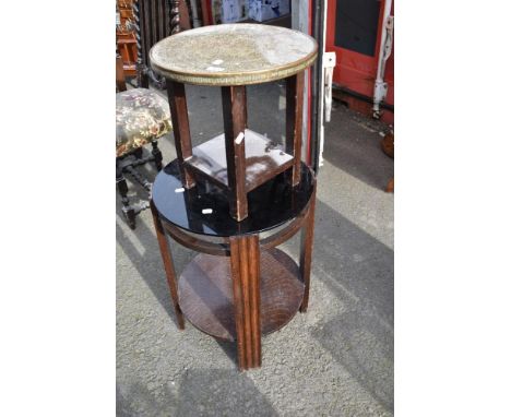 A vintage oak and glass topped occasional table and a small brass topped table