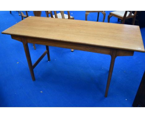 A vintage teak dining table of narrow form with extending flap and slide top mechanism, length approx. 150cm, with 62-92cm