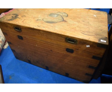 A&nbsp; camphor wood campaign style bedding trunk, approx dimensions. 105 x 57 x 53cm staining and water marks to top with so