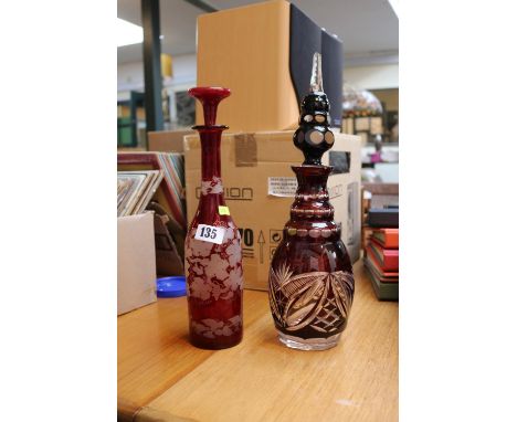 Edwardian Ruby glass etched Vine decorated decanter and a Bohemian Cut Crystal 