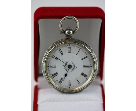 European Silver Ladies pocket watch with roman numeral dial and key 