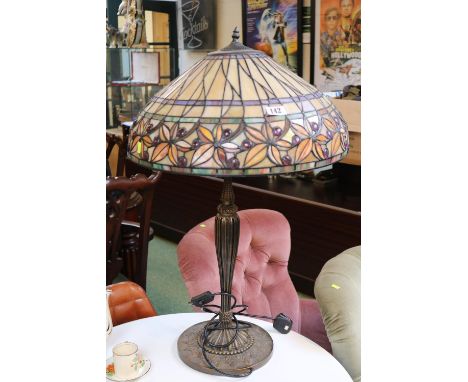 Large Tiffany style leaded table lamp with reeded base 