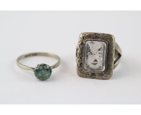 Ladies White Gold with Blue Cut stone setting Size M and a 19thC Silver Rock Crystal Rampant Lion seal Size K 