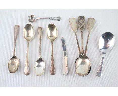Collection of 19thC Silver Spoons and a Mother of Pearl Silver bladed fruit knife 122g total weight 