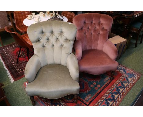 2 Matched button back upholstered low elbow chairs on turned legs 