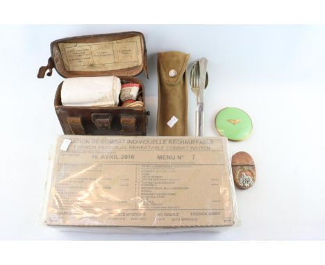 French Individual Combat Rations, Leather German First Aid kit, Canvas Cutlery set, Compact and a Copper Snuff 