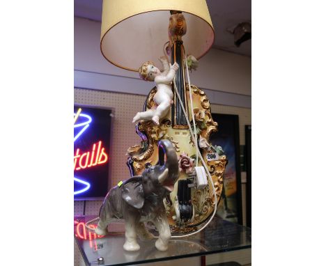 Italian Violin Cherub Lamp base and Germany 2211 Elephant figure 