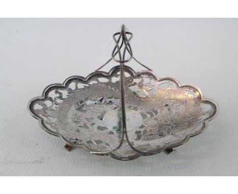 Chinese Tuck Chang Silver Dragon decorated Pierced oval dish with wire handle handle 102g total weight 