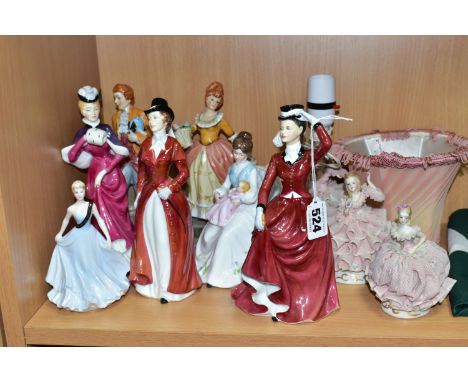 TEN ASSORTED CERAMIC LADY FIGURES, including three Francesca Art China ladies, 'Lavinia', 'Cecilia' (crack through fabric at 