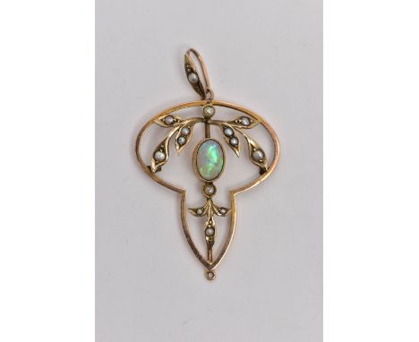 A YELLOW METAL LAVALIER PENDANT, openwork floral design set centrally with a milgrain collet mounted oval opal cabochon, spli