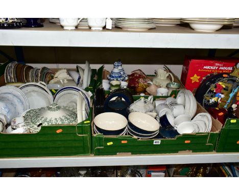 FIVE BOXES OF CERAMICS, to include a Crown Ducal  lidded tureen, a Royal Doulton tea set including six cups, saucers and dess